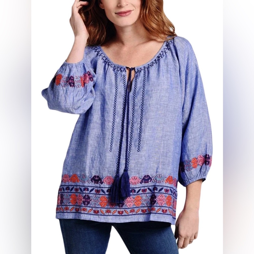 Roberta Roller Rabbit Choden Carine Blue Linen Embroidered Boho Peasant Top XS